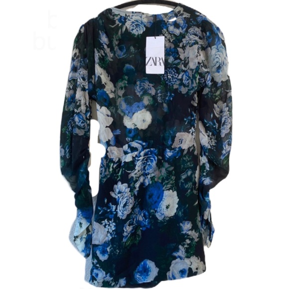 Zara Dresses & Skirts - Zara Long Sleeve Mini Dress Black with Blue and White Rose Print NWT Size S